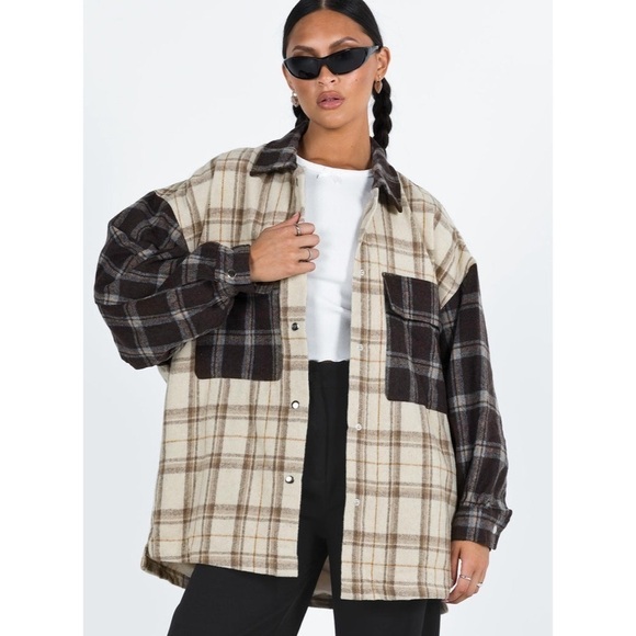 Princess Polly Myley Oversized Shacket in Brown and Tan Plaid Women's Size XS/S - Picture 3 of 8